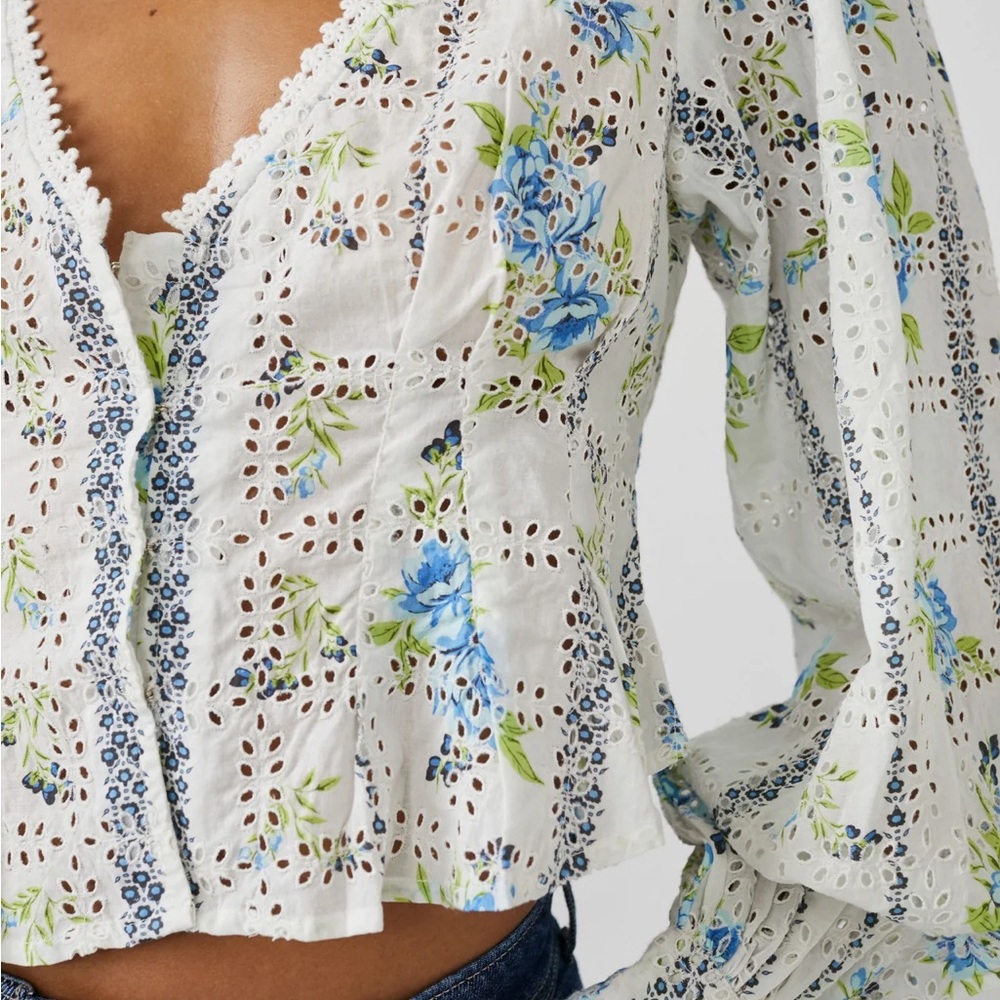 Free People - Floral Blossom Eyelet Blouse - White and Blue